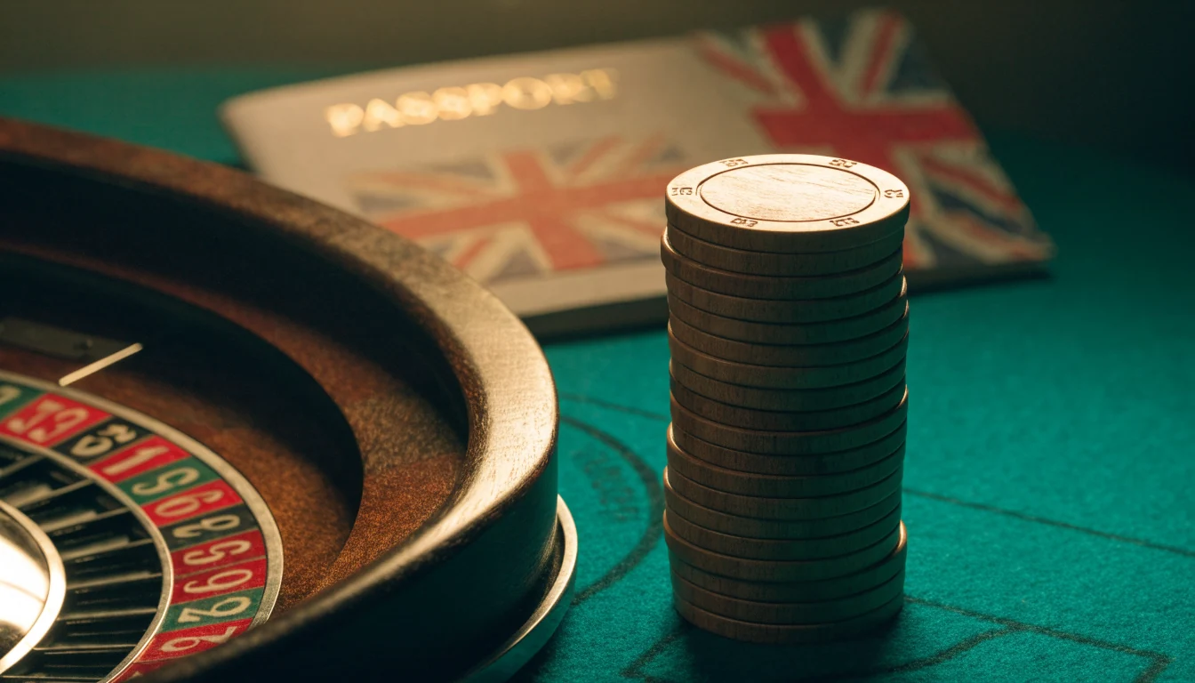 Casino chips and roulette wheel with a British passport in the background