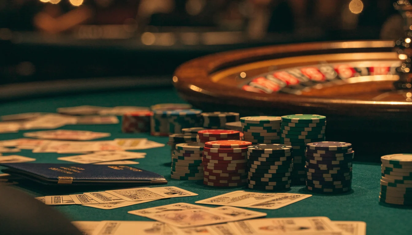 Dimly lit luxurious casino table with chips, cards, roulette wheel and a passport, suggesting offshore gambling.
