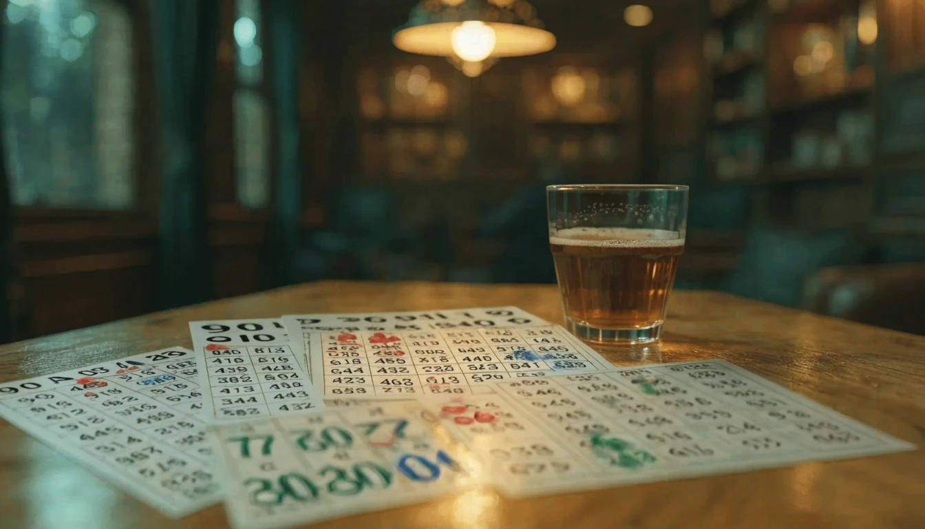 British bingo hall scene with different bingo card formats on a wooden table