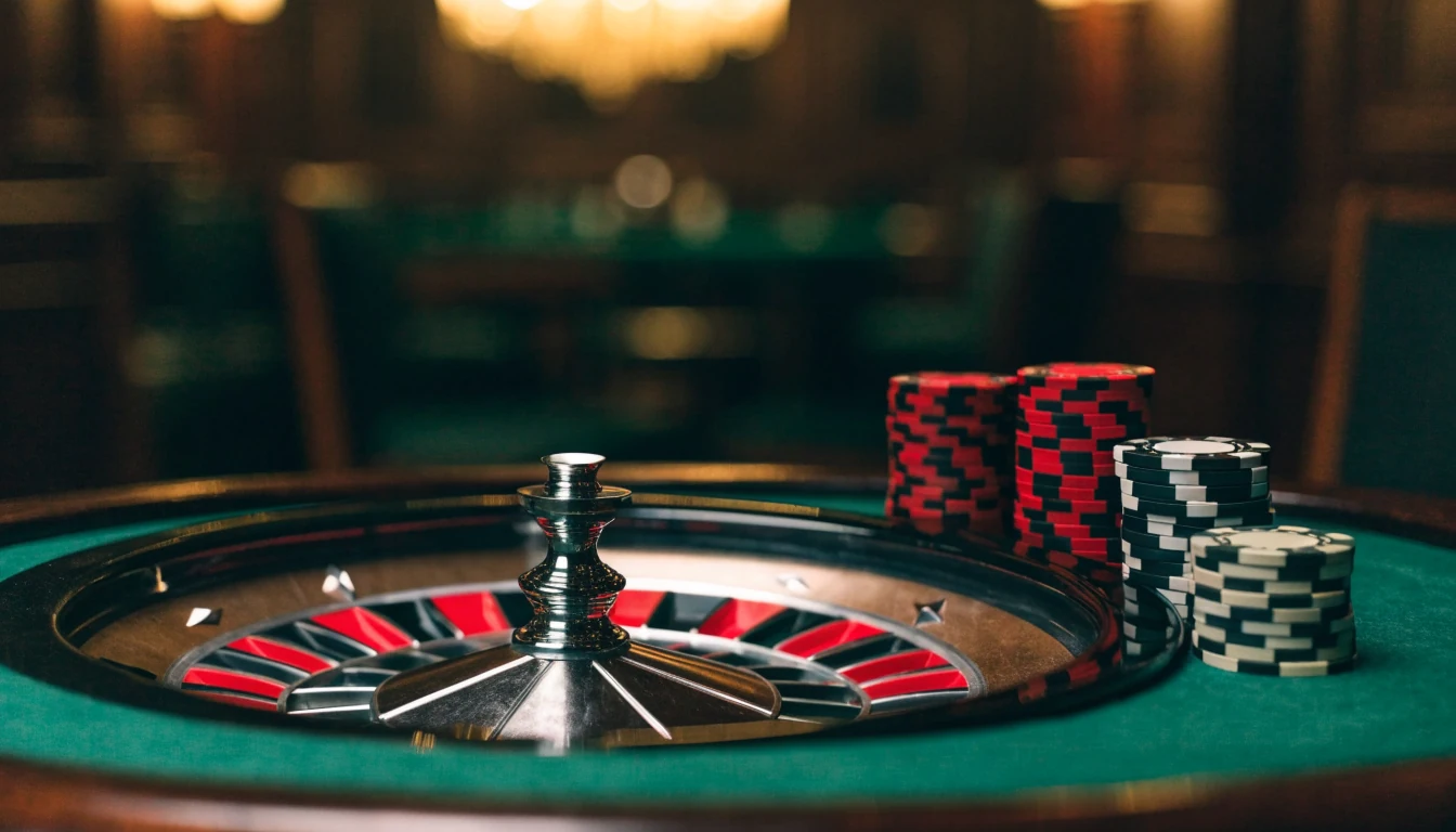 American roulette wheel with double-zero and casino chips on a green felt table