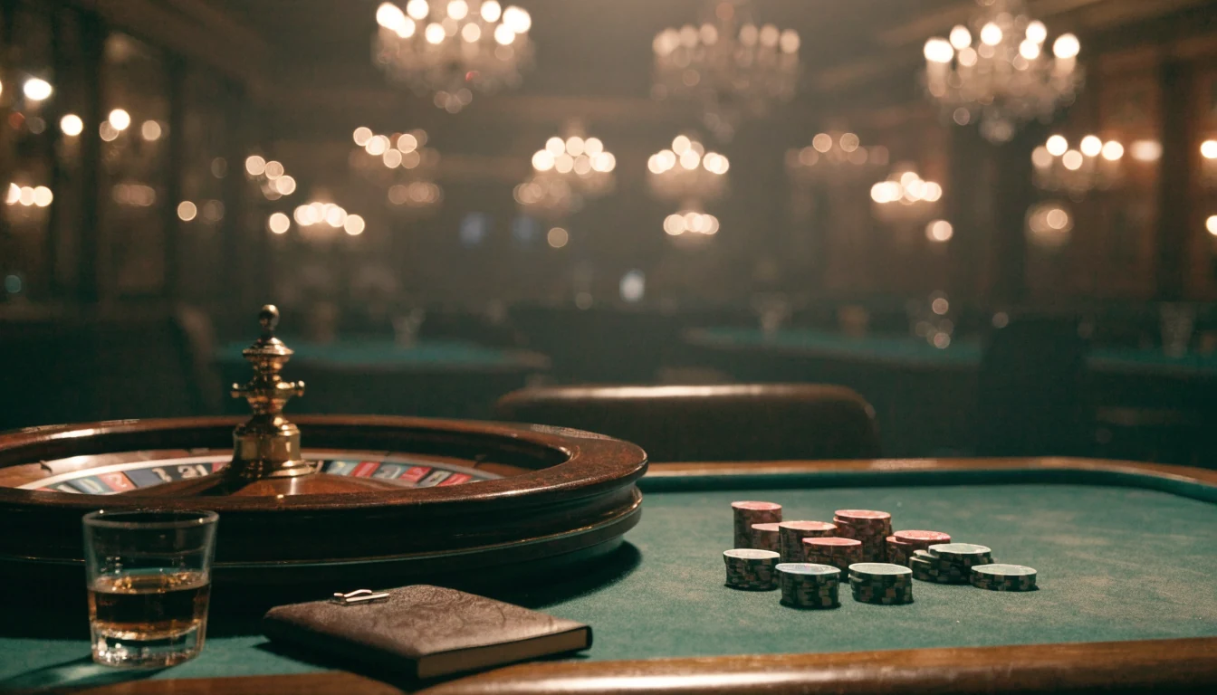 Classic London casino with roulette wheel and chips on a green table under warm chandelier light
