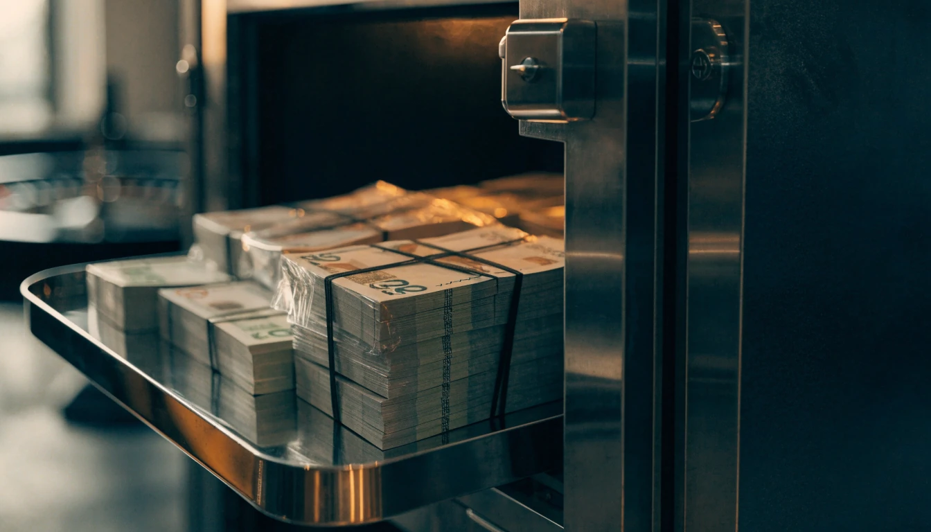 British bank vault with segregated player funds and blurred roulette wheel