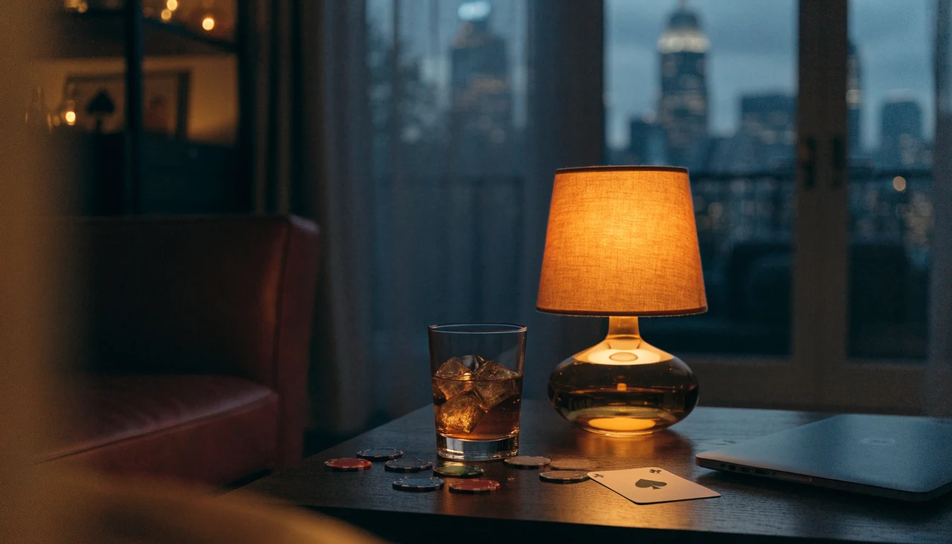 British apartment at night with whisky, poker chips, and a playing card on a wooden table