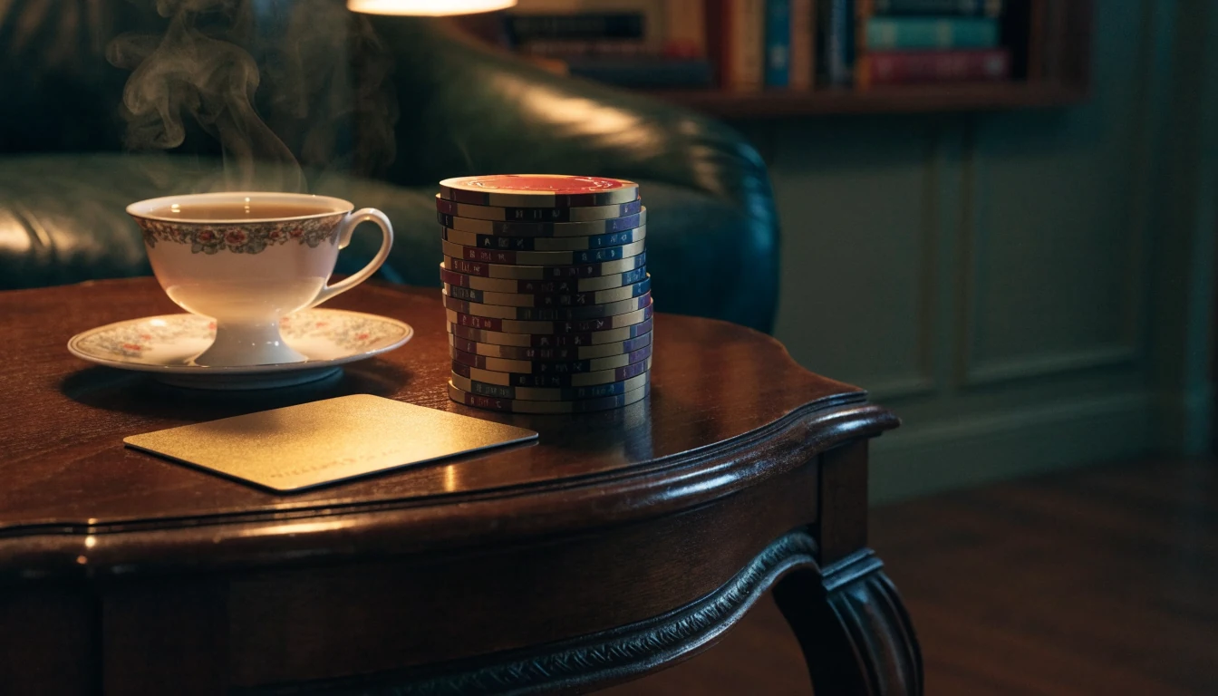 Casino chips and a bank card on a wooden table in a cozy British interior