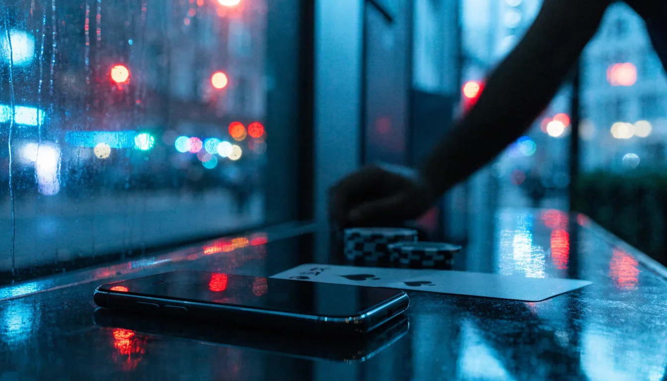 UK casino tournament scene with chips, card and smartphone on a dark table