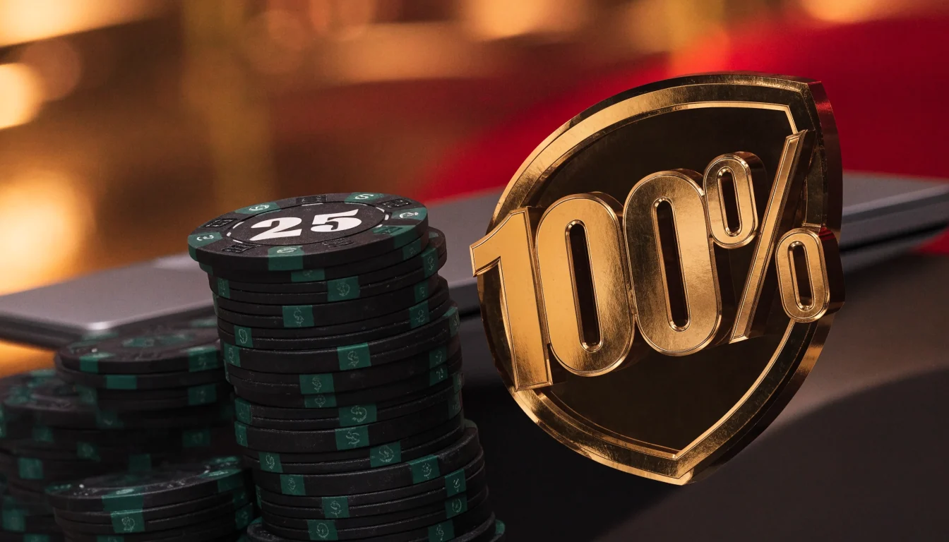 Casino chips beside a golden 100% bonus badge with a closed laptop