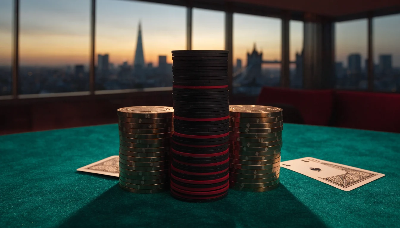 Symmetrical stacks of golden and red casino chips on green felt with a blurred London skyline behind, evoking a 200% bonus.