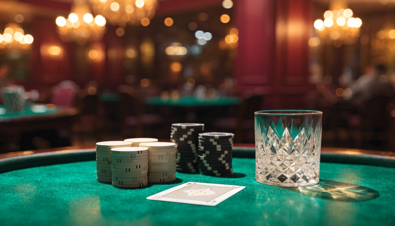 Casino chips and a playing card on green felt under chandelier light in an upscale lounge.