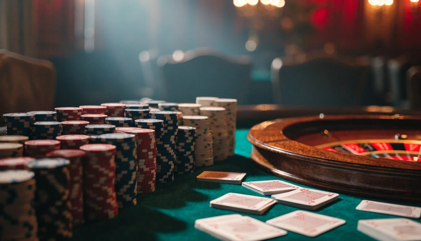 Elegant casino table with tall chip stacks and roulette wheel