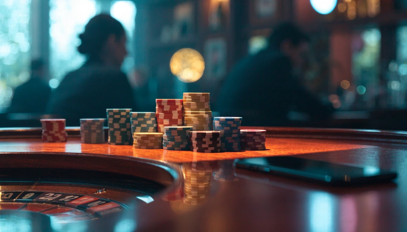 Roulette wheel and casino chips on a dark table with a smartphone, suggesting online casino gaming in the UK