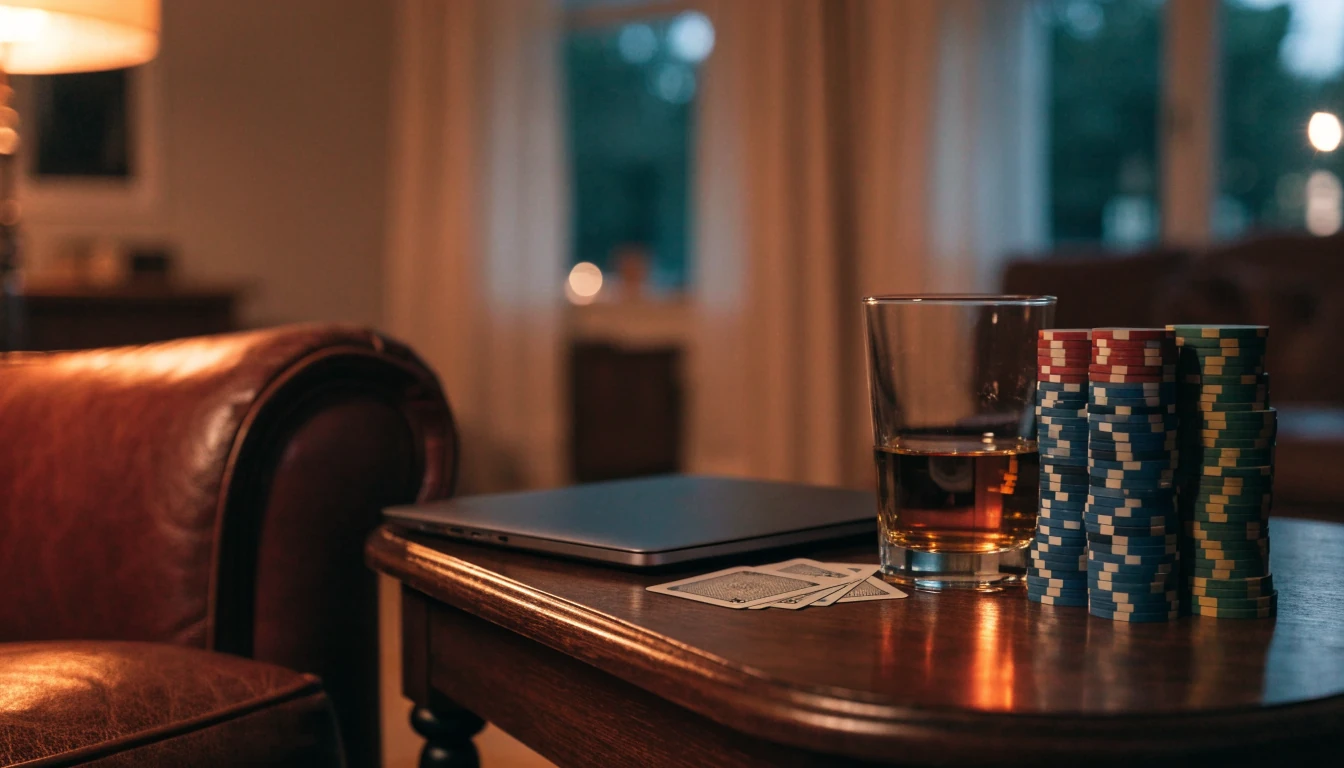 Casino chips, face-down cards, whisky, and a closed laptop on a wooden table in a British home.