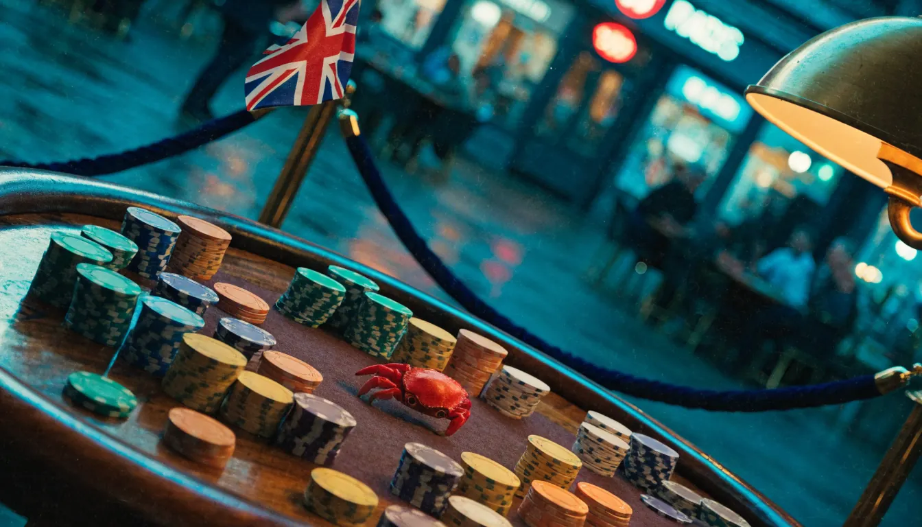 Casino table with chips, crab claw, and Union Jack by a British seaside arcade