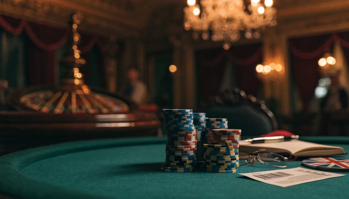 British casino lounge with promotional voucher, chips and open notebook on a green felt table