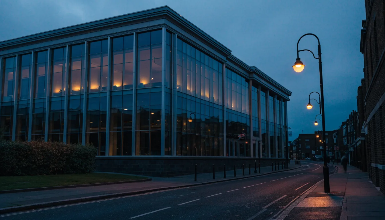 Solitary modern casino building on a quiet London street at twilight