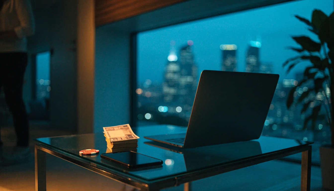London apartment at night with smartphone, pounds and casino chip on table