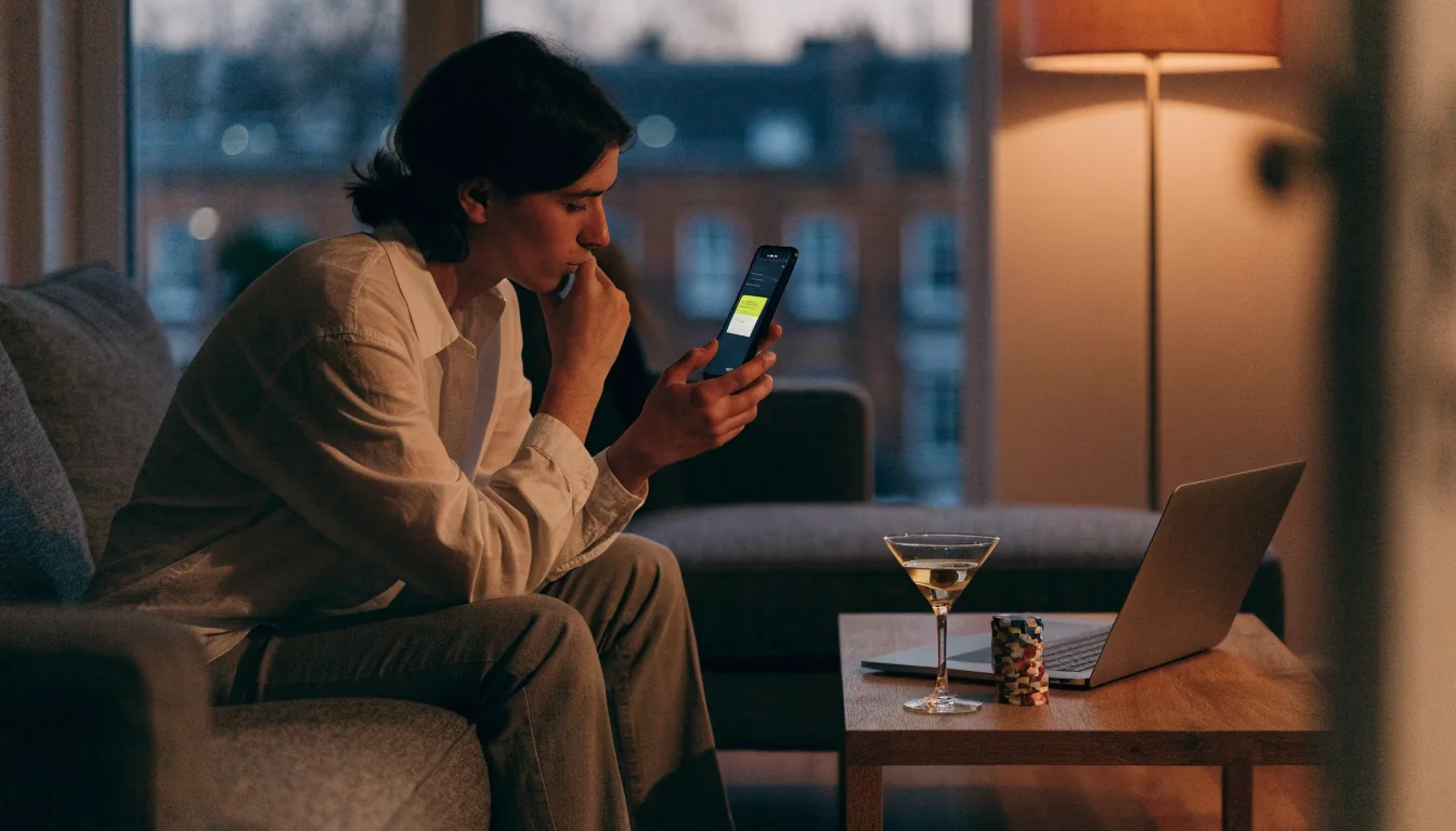 Person confirming SMS casino deposit on smartphone in a modern London living room
