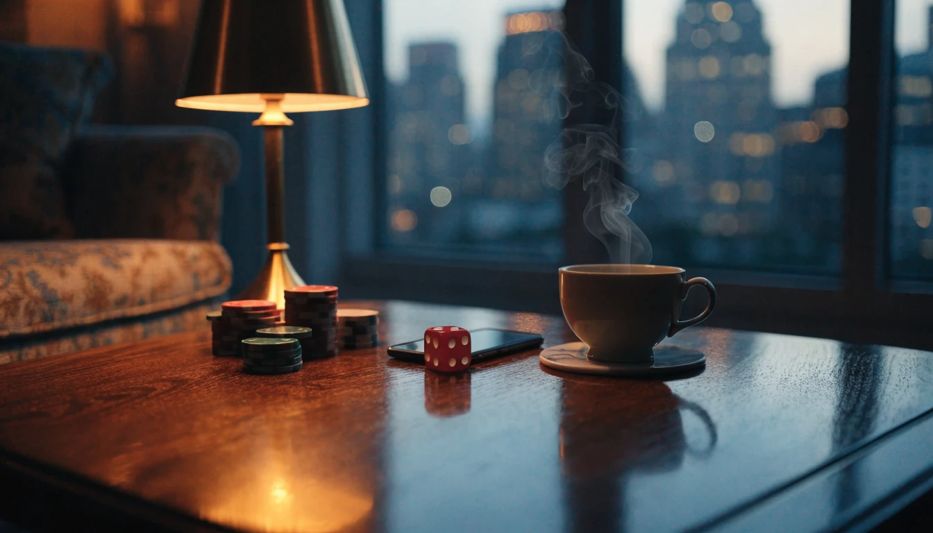 British apartment at dusk with smartphone, casino chips, dice and teacup on coffee table