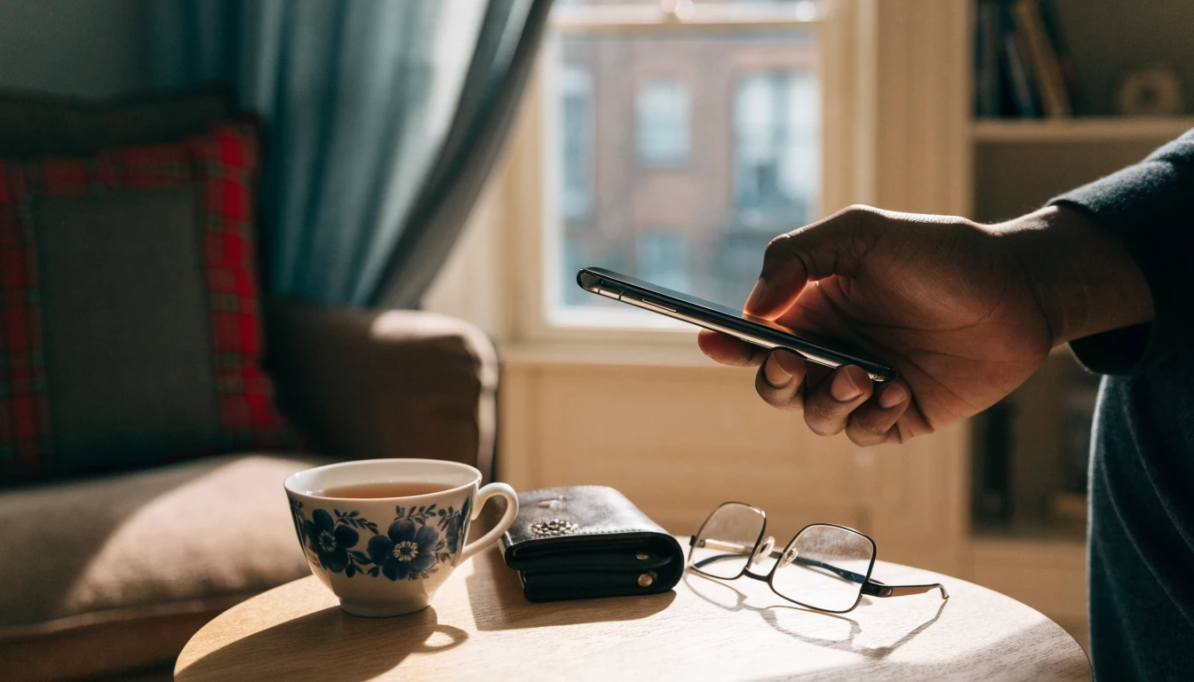 Hand holding smartphone near tea and wallet in a cozy British living room