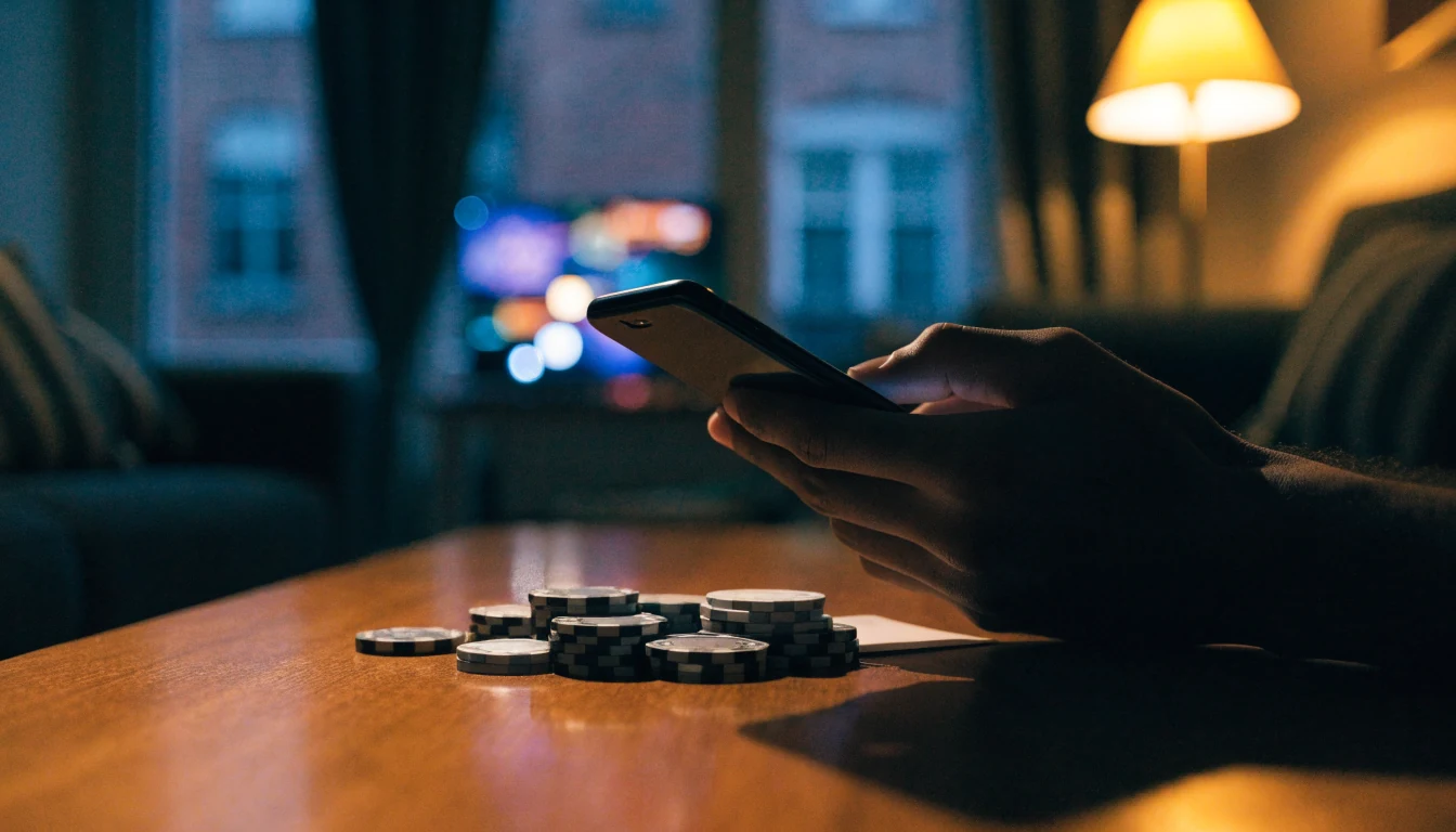 Hand holding a smartphone near casino chips on a table, UK home interior at night