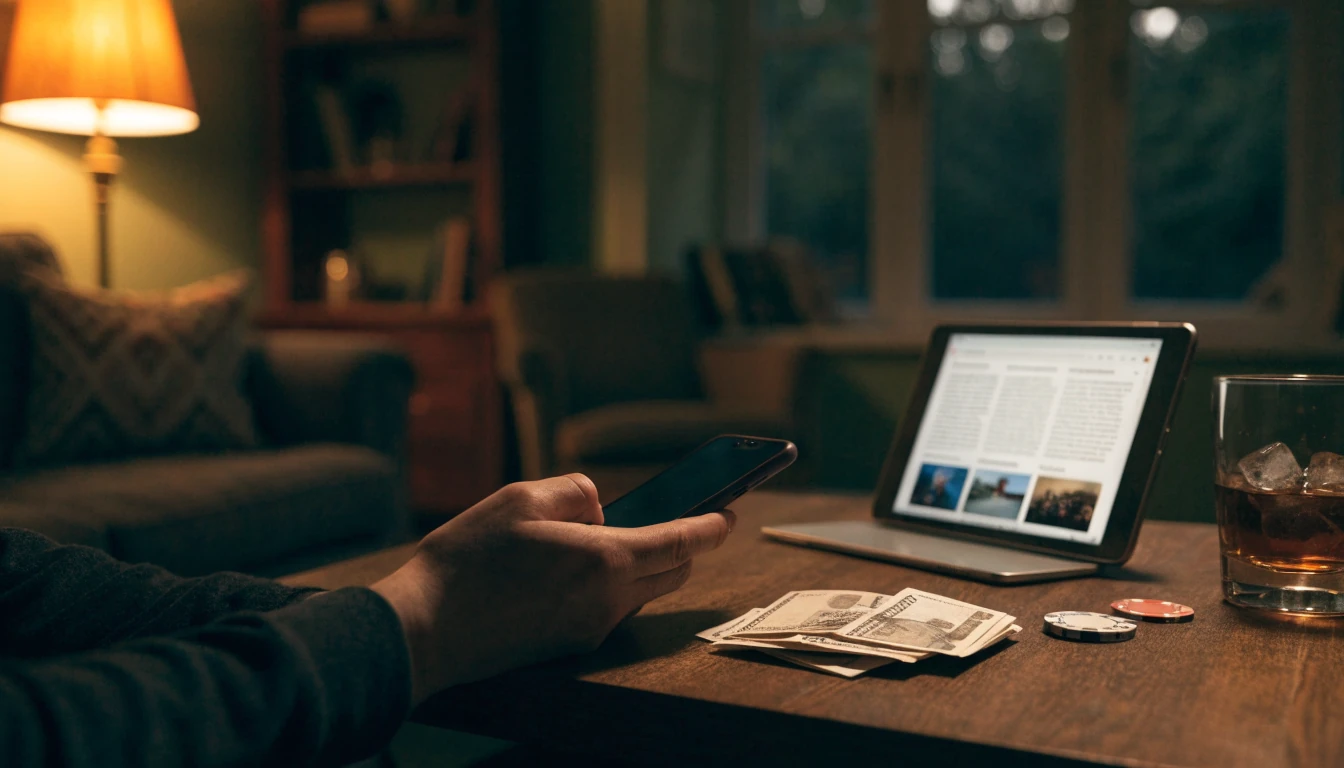 Person using a smartphone with British pounds and casino chips on a table in a cozy UK home.