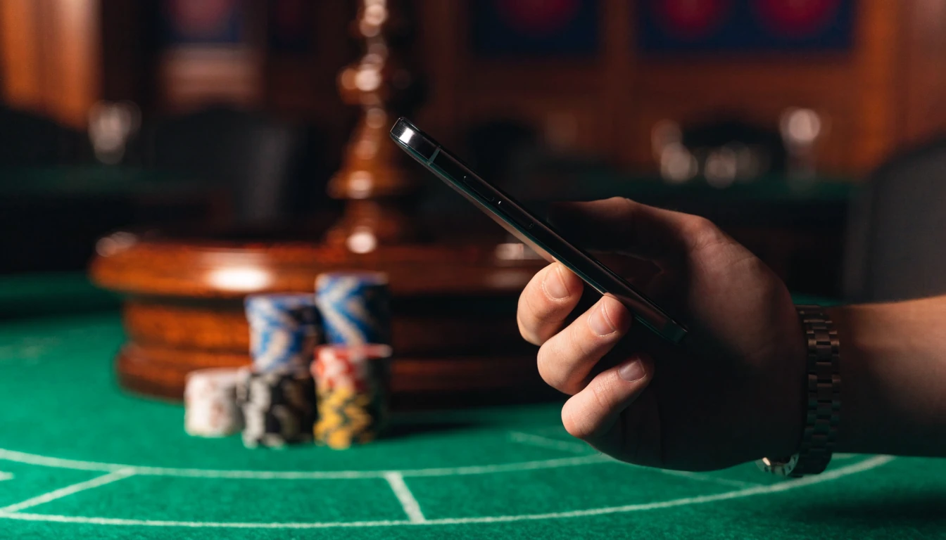 Hand holding smartphone at a UK casino table with poker chips and roulette wheel