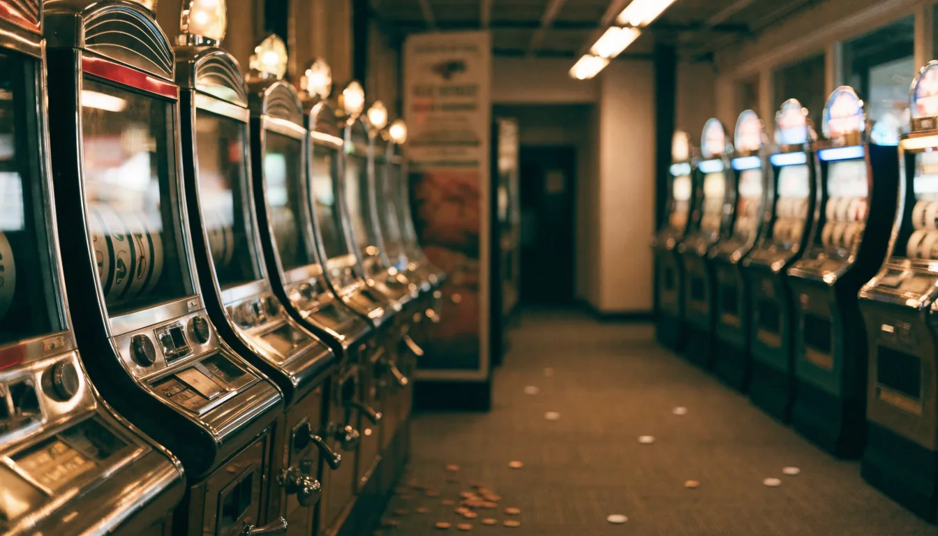 Interior of a British seaside arcade filled with penny slot machines