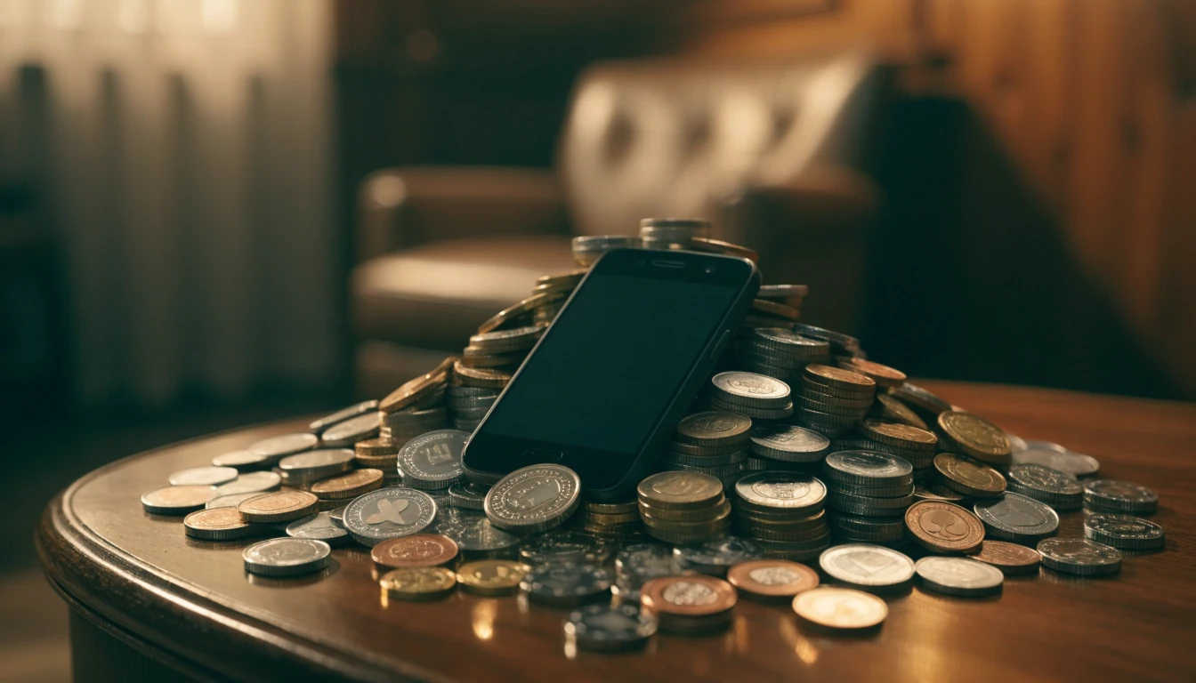 Face-down smartphone on wooden table surrounded by glowing British pound coins and casino tokens in warm interior