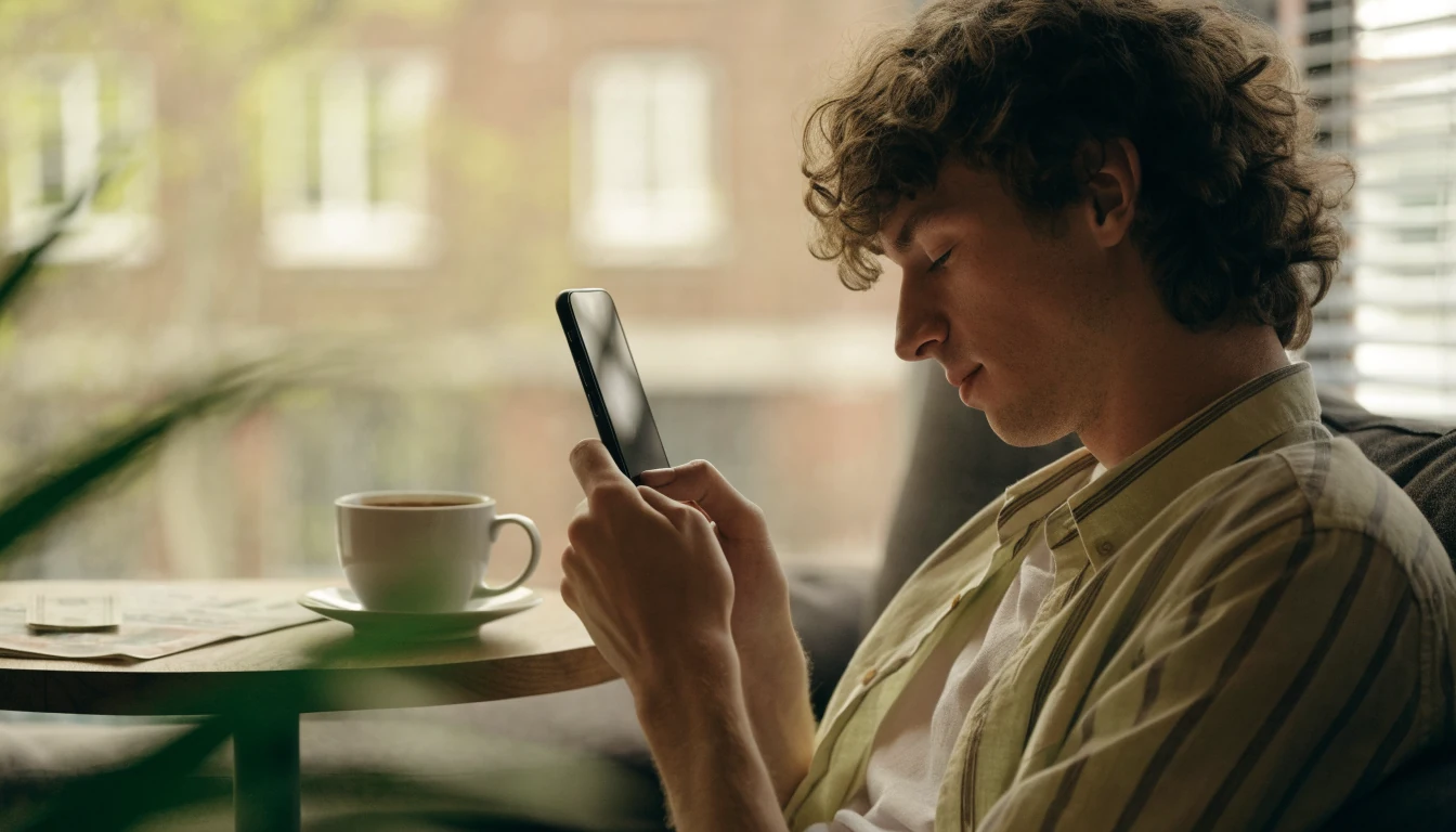 Relaxed person in a modern flat with smartphone and cash nearby