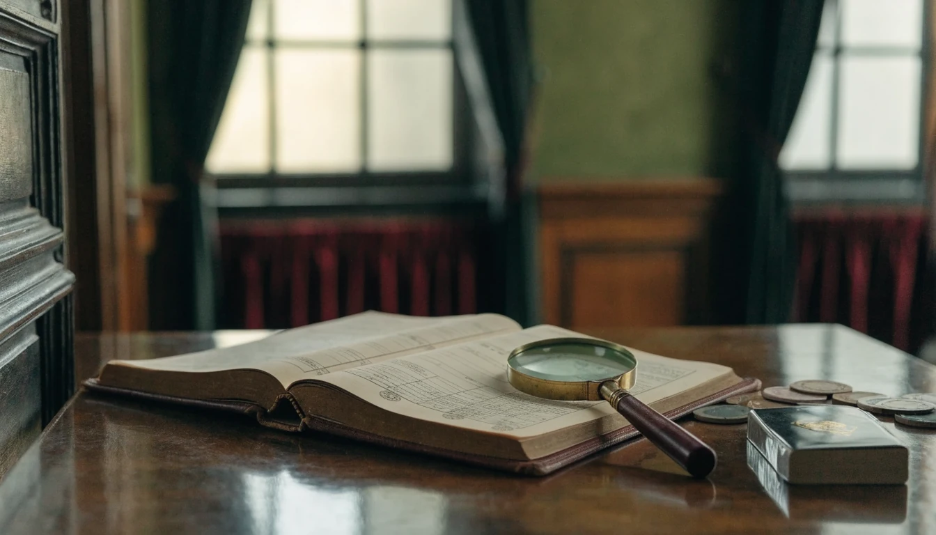 British desk scene with a license register and casino chips