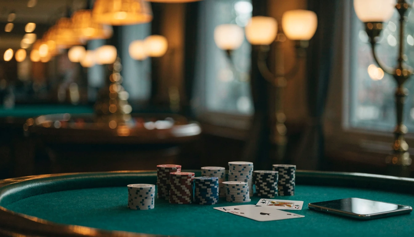 Casino table with stacked chips, playing cards, and a face-down smartphone under warm amber lighting.