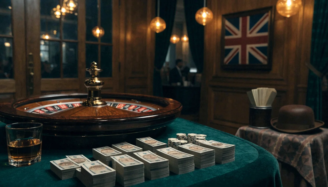 Luxurious London casino lounge with roulette wheel and pound sterling chips