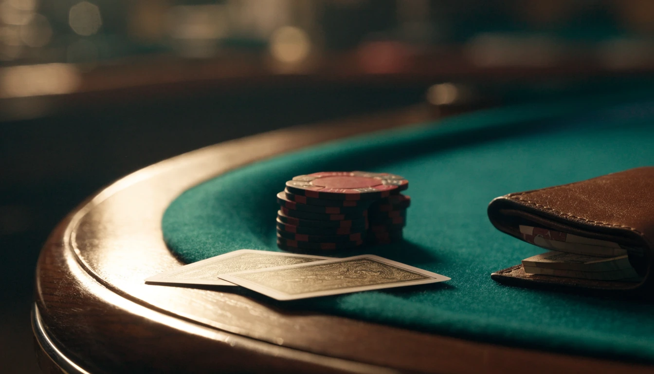 Casino table with poker chips, face-down cards and a wallet of British pound notes