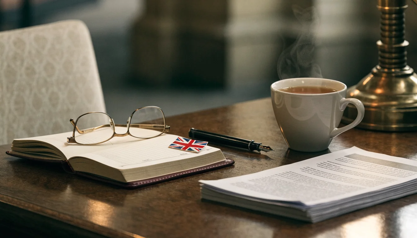 Editor's desk with notebook, glasses, and tea near UK flag pin