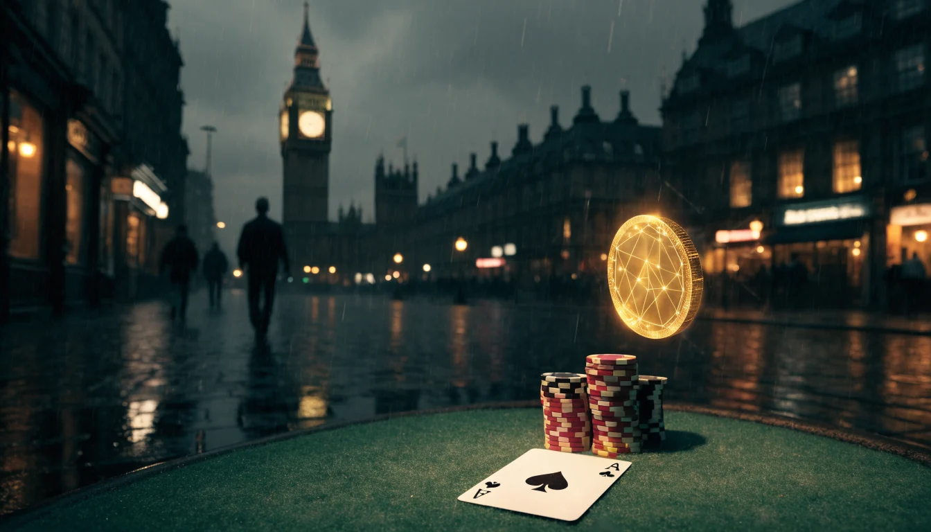 London nightscape with glowing crypto coin above a casino table edge