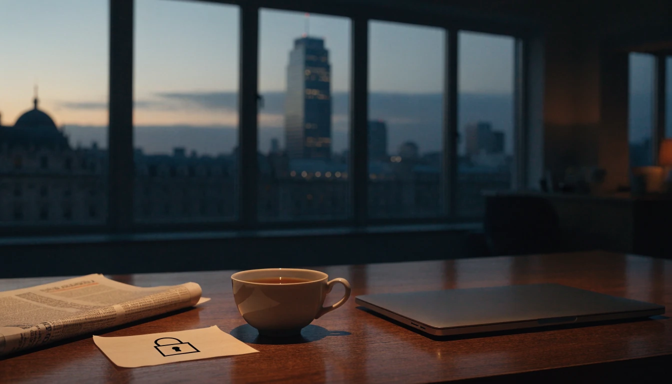 Closed laptop on desk with tea and London skyline at dusk, suggesting self-exclusion.