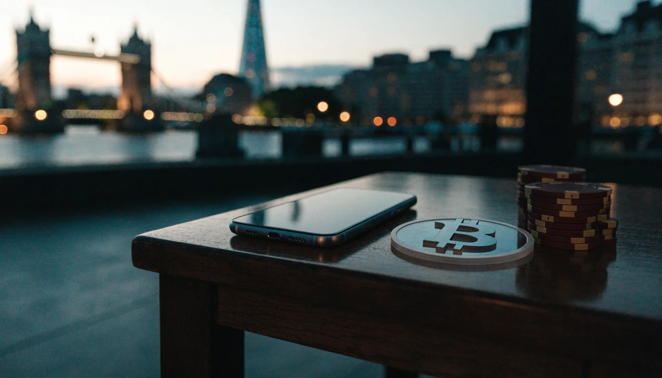 London skyline at dusk with a phone and crypto-themed casino chips on a table