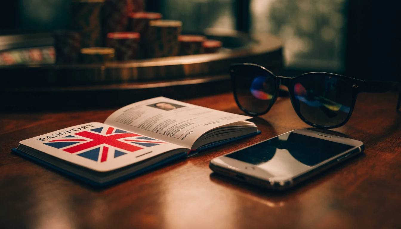 British passport, sunglasses and phone on a wooden table near casino chips and a roulette wheel