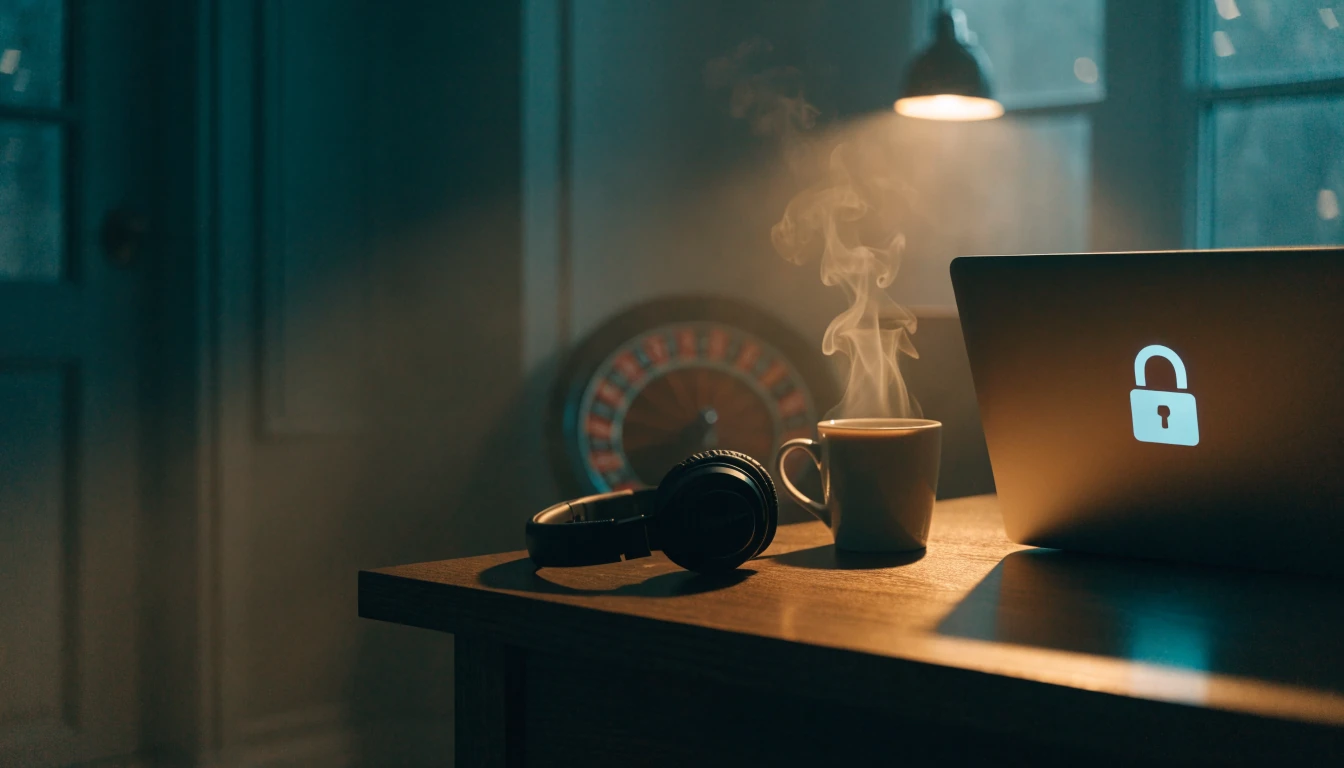 UK home office desk with closed laptop showing VPN lock icon, roulette wheel in background