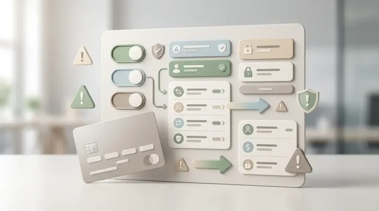 A payment risk map showing cards, bank blocks, account records and warning signs