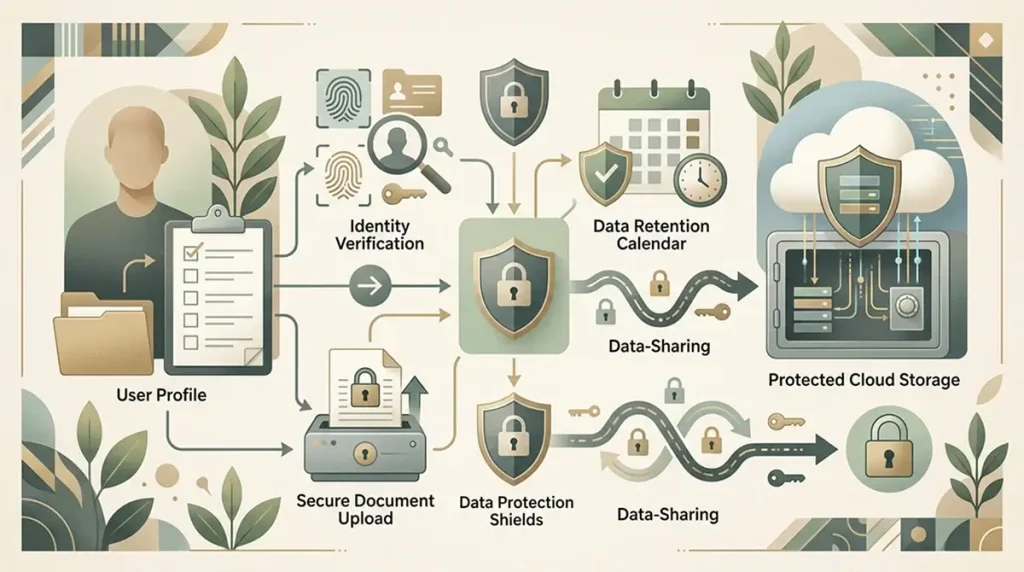 A privacy checklist with document upload, retention, sharing and security questions